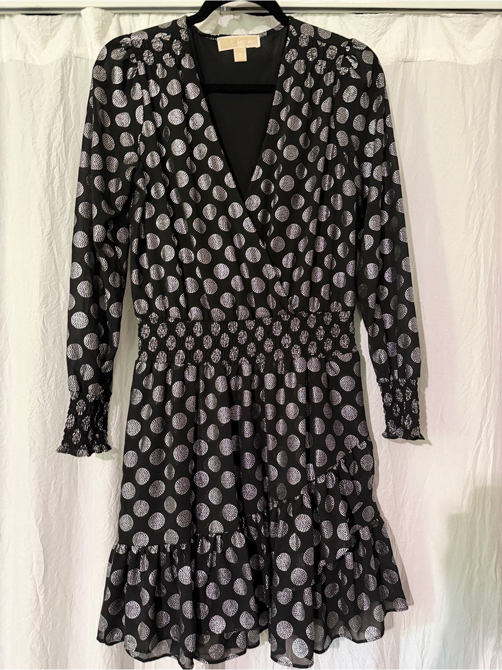 Michael Kors Black Dress with Silver Polka Dots Long Sleeve Wrap